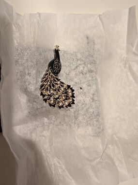 Elegant Black and Gold Peacock Brooch - Women's Jewelry